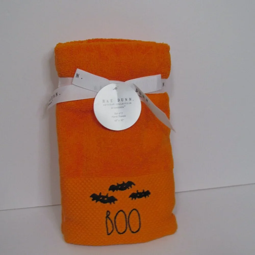Rae Dunn Orange Halloween Set of 2 Embroidered BOO Hand Towels 16